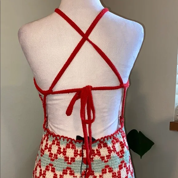 New Zara Red and White Crochet Halter Dress GEOMETRIC PRINT KNIT HALTER Size L - Picture 4 of 8